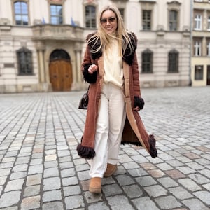 70s Penny Lane Shearling Coat | Brown vintage Women Sheepskin Fur, Size L