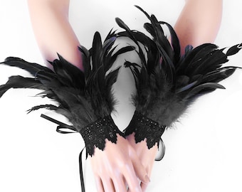 2 Pcs Gothic Lace Feather Gloves Wrist Cuffs Feather Fingerless Elbow Gloves Victorian Burlesque Fantasy Feathers Costume for Cosplay