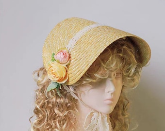 Handmade Women 1800s Victorian Wedding Tea Party Bonnet Lolita Hat Vintage Flowers Beach for Sun Cap Straw Weaving Hats