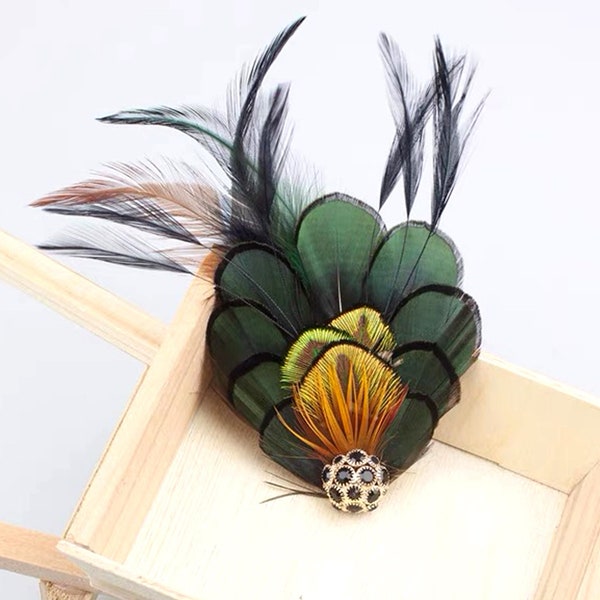 Broche en plumes de paon vert foncé pour femmes, boutonnière en plumes de paon, pince à cheveux en plumes de paon, accessoires de mariage et de fête