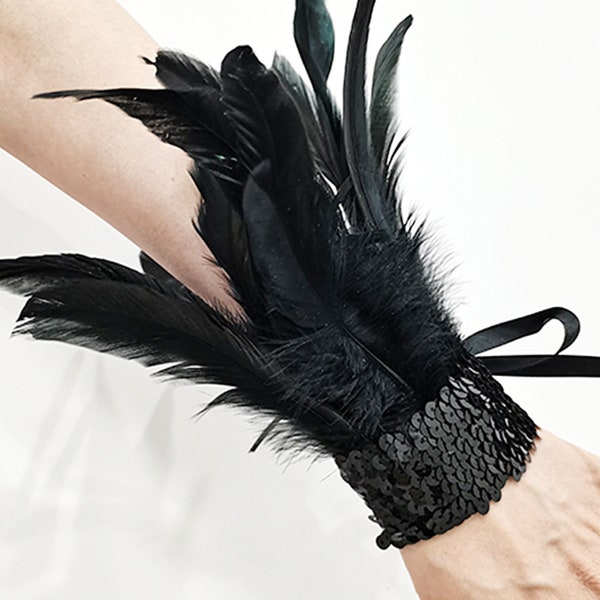 2 Pcs Gothic Women's  Lace Feather Gloves Feather Wrist Cuffs Feather Fingerless Elbow Gloves Fantasy feathers costume Halloween