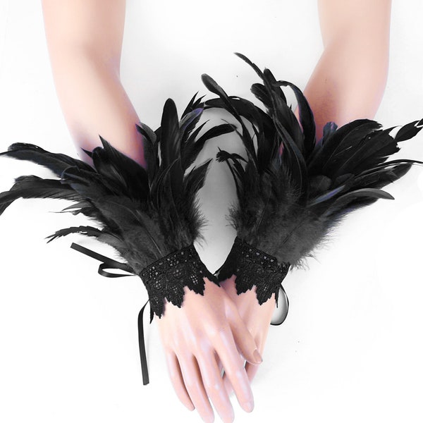 2 Pcs Gothic Lace Feather Gloves Wrist Cuffs Feather Fingerless Elbow Gloves Victorian Burlesque Fantasy Feathers Costume for Cosplay