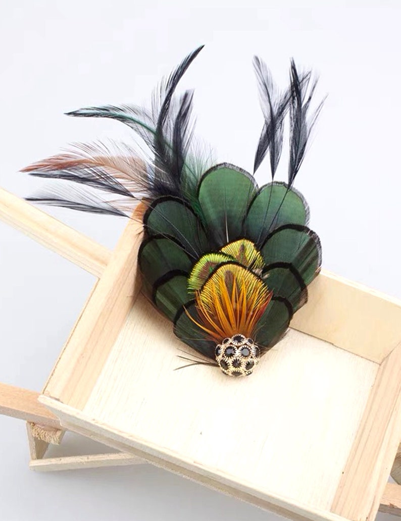 Women Deep Green Peacock Feather Brooch Peacock Feather Boutonniere Peacock Feather Hair Clip Wedding and Party Accessories image 1