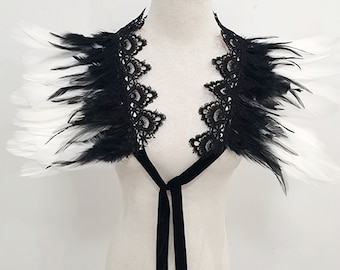 Gothic Women Rooster Feather Shawl Feather Cape Collar With Adjust Shoulder Strap Black and White Father Shawl Hallowen Accessories