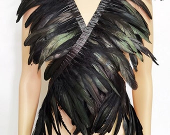 Gothic Women Black Rooster Feather Shawlor Cape Feather Boa Ribbon Punk Halloween Party Cosplay Accessory