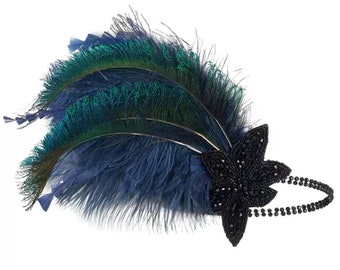 Women Vintage Feather Headband Blue Rhinestone Metal Chain 1920s Vintage Gatsby Party Headpiece For Party Carnival Accessories