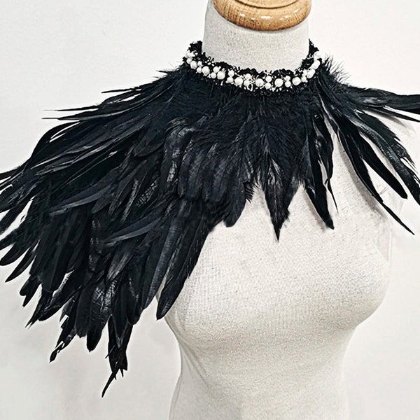 Cape ou col gothique en plumes naturelles, châle noir, déguisements d'halloween