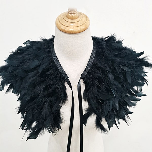 Gothic Black Feather Cape Shawl Wrap Capelet with High Collar Jacket Rooster Feather Shoulder Halloween Cosplay Costumes Steampunk Party