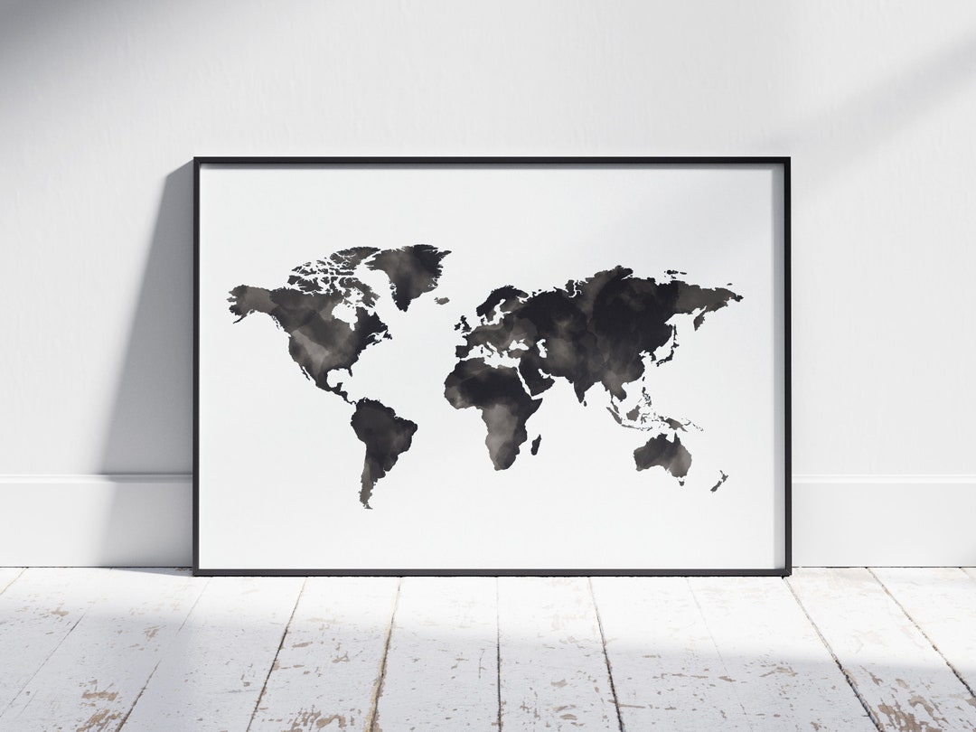 Black and White World Map Wall Art Printable Watercolor World - Etsy