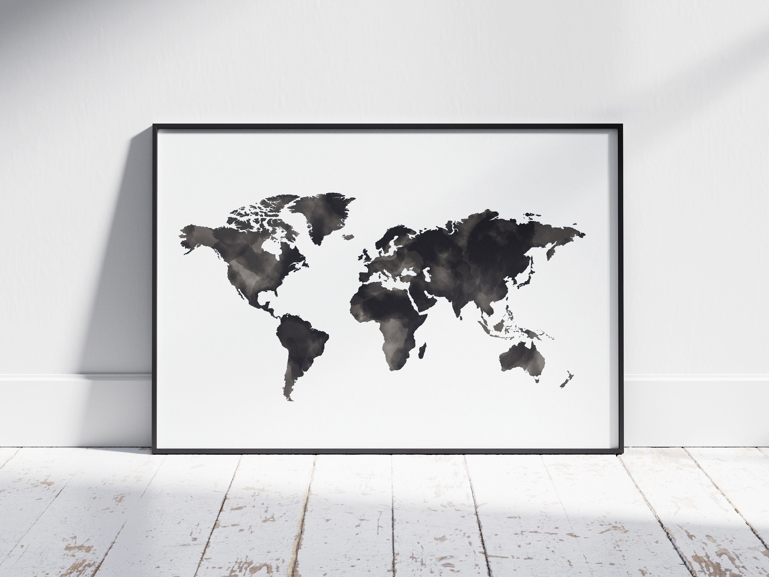 Black and White World Map Wall Art Printable Watercolor World - Etsy