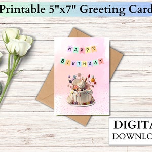 Happy Birthday Digital Printable Card, Cake card, Instant download, Cute downloadable, 5x7 Greeting card, gift for her, for him