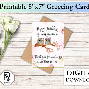 Carte d'anniversaire en téléchargement numérique, carte imprimable d'anniversaire, téléchargement instantané, hiboux mignons, carte de voeux 5 x 7, cœur, carte pour lui, mari amoureux