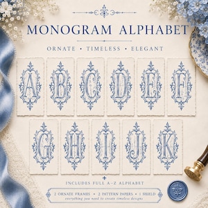 Alphabet monogramme élégant (PNG), cadres bleus ornés, papeterie de mariage (téléchargement numérique)