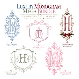 Puede incluir: Un gráfico digital titulado The Luxury Monogram Mega Bundle que presenta cinco colecciones de letras ornamentadas. La imagen muestra varios estilos de monogramas, incluyendo azul ornamentado, rosa empolvado, Navidad, salvia francesa y toile rosa.