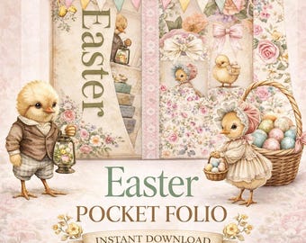 Kit de diario de pollitos de Pascua vintage / Carpeta floral estilo shabby chic / Material imprimible de Pascua / Kit de álbum de recortes de primavera / Descarga instantánea