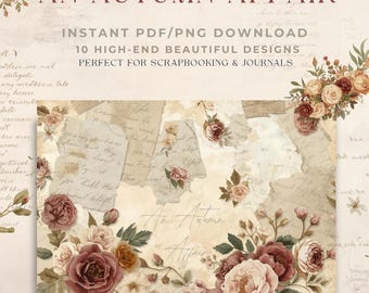 May include: Digital download with a vintage aesthetic, featuring torn paper, floral elements, and script writing. The design includes the text "An Autumn Affair" and is ideal for scrapbooking and journaling.