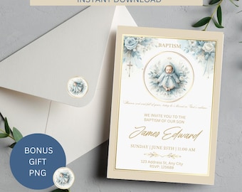 Invitación editable para bautizo de niño: Plantilla de Canva editable con tema "Enviado del Cielo" (descarga digital) Editar e imprimir