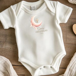Personalized Baby Christening Onesie- Religious baby -personalized onesie with a blue half moon, feather design, and gold cross.