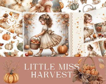 Op de afbeelding: Een verzameling scrapbookpagina's met een herfstthema. De afbeelding toont illustraties van een meisje in een jurk, pompoenen en herfstbladeren. De tekst "Little Miss Harvest" en "23 Luxurious Pages for Scrapbooking" is zichtbaar.