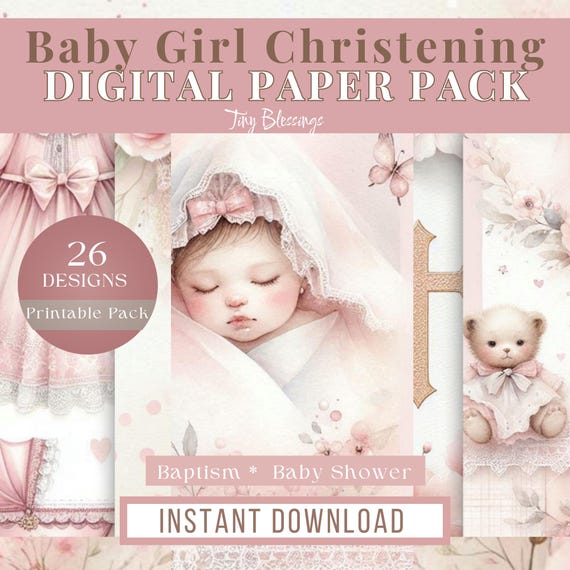 Baby Girl Christening Digital Paper Pack | Baptism Scrapbook Paper | Vintage Baby Shower Paper | Junk Journal Paper | 26 Printable Papers