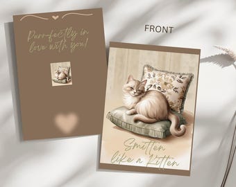 Afdrukbare Valentijnsdag kittenkaart - kattenliefhebber - kitten illustratie kaartontwerp / digitale download pdf/png