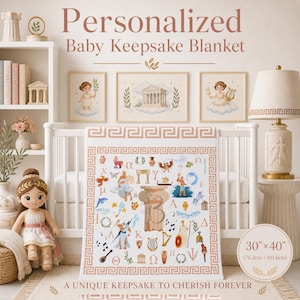 May include: A white baby keepsake blanket with a Greek-themed design, measuring 30 x 40 inches. The blanket features illustrations of Greek gods, symbols, and the text "Personalized Baby Keepsake Blanket". The border has a Greek key pattern.