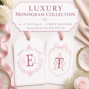 May include: Two white rectangular gift tags with pink ribbon loops, featuring dusty pink monogram crests with letters S, E, L and A, T. A header sign reads LUXURY MONOGRAM COLLECTION, A-Z INITIALS + CREST DESIGNS, Dusty Pink & Pale Pink PNG Set.