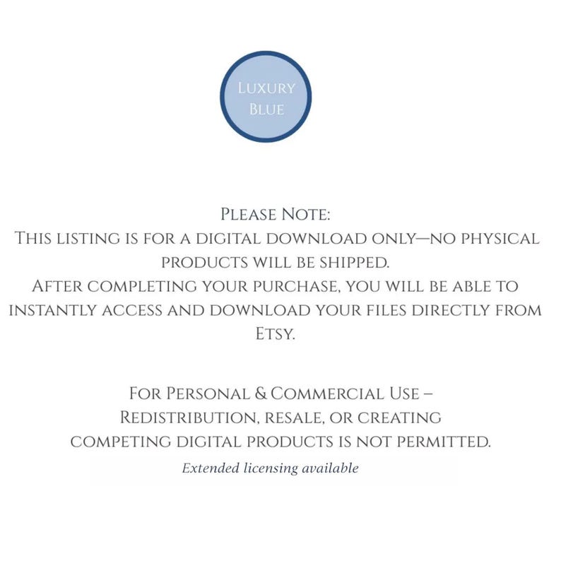 May include: A digital download listing with a circular blue logo that reads "LUXURY BLUE." The text below states the listing is for a digital download only, with no physical products shipped. It also mentions personal and commercial use.