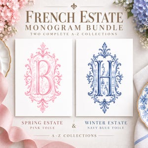 Op de afbeelding: Een digitale monogrambundel getiteld FRENCH ESTATE MONOGRAM BUNDLE TWO COMPLETE A-Z COLLECTIONS. Het bevat een roze letter B in een toile-kader en een marineblauwe letter H in een toile-kader, gelabeld SPRING ESTATE PINK TOILE en WINTER ESTATE NAVY BLUE TOILE.