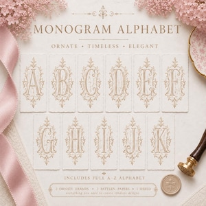 以下が含まれることがあります： MONOGRAM ALPHABETというタイトルのデジタルグラフィックセット。テクスチャ加工された紙の上に、金色の装飾フレームに入ったAからKまでの文字が並んでいます。テキストには、ORNATE、TIMELESS、ELEGANT、INCLUDES FULL A-Z ALPHABET、2 ORNATE FRAMES、2 PATTERN PAPERS、1 SHIELDが含まれています。