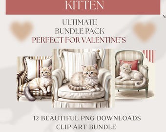 Valentine's Day  Kitten Printable Illustrations - Perfect for Cat Lover Cards - Cute Kitten Cards - Digital download - Smitten Kitten Bundle