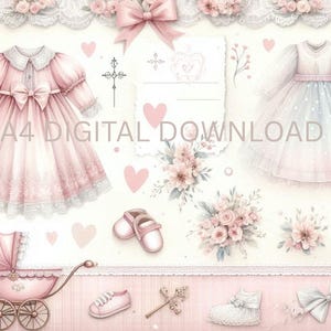 May include: Watercolor illustration featuring a pink baby carriage, dresses, shoes, bows, and floral arrangements. The image has a soft, pastel color palette with the text "A4 DIGITAL DOWNLOAD". The overall theme is baby and nursery.
