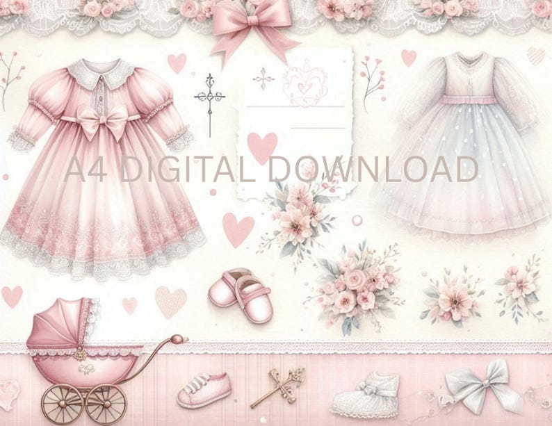 May include: Watercolor illustration featuring a pink baby carriage, dresses, shoes, bows, and floral arrangements. The image has a soft, pastel color palette with the text "A4 DIGITAL DOWNLOAD". The overall theme is baby and nursery.