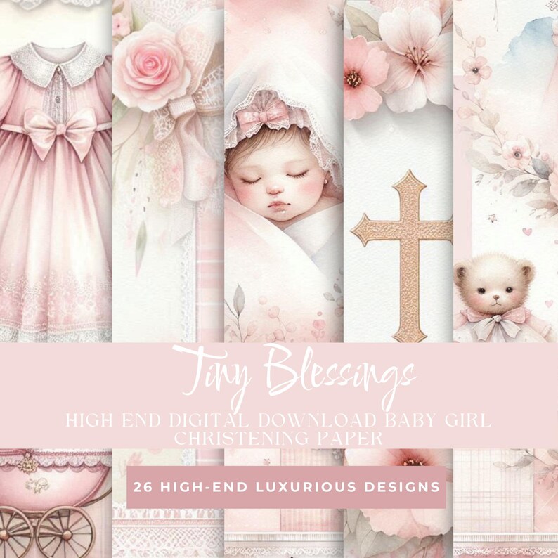 Baby Girl Christening Digital Paper Pack | Baptism Scrapbook Paper | Vintage Baby Shower Paper | Junk Journal Paper | 26 Printable Papers image 13