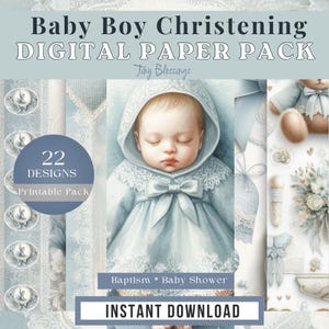 May include: Digital paper pack for baby boy christening, featuring a watercolor illustration of a baby in a blue gown. Includes 22 designs with lace and ribbon details. Text reads "Baby Boy Christening DIGITAL PAPER PACK" and "Instant Download."