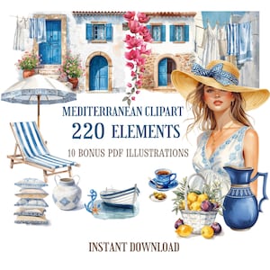 Papel digital y clipart mediterráneo, 220 elementos, azulejo azul, limón, oliva, terracota, diario creativo, álbum de recortes
