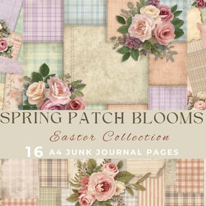 Pode incluir: Uma colagem de papel de scrapbook com arranjos florais e o texto "Spring Patch Blooms Easter Collection". O design apresenta cores pastel, incluindo rosa, lavanda e azul, com uma estética vintage. Inclui 16 páginas de diário A4.