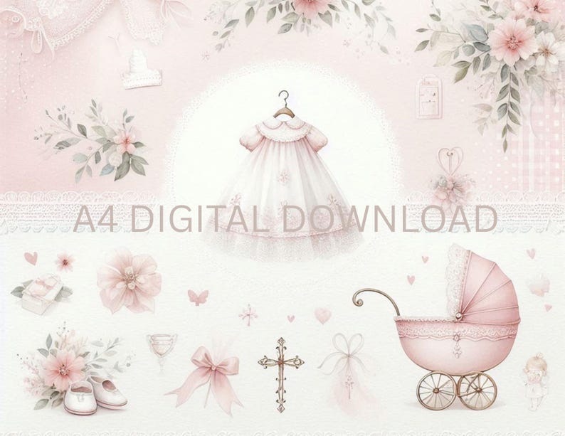 Baby Girl Christening Digital Paper Pack | Baptism Scrapbook Paper | Vintage Baby Shower Paper | Junk Journal Paper | 26 Printable Papers image 7