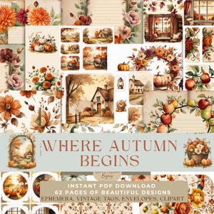 Vintage Autumn Junk Journal Kit: 62-Page Fall Ephemera, Tags (PDF Printable Scrapbook Pages)