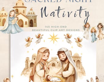 Nativity Clipart, | Watercolor Christmas Clipart Set | 145+ Cute Christmas PNGs | Digital Download | Baby Jesus | Xmas Card Making
