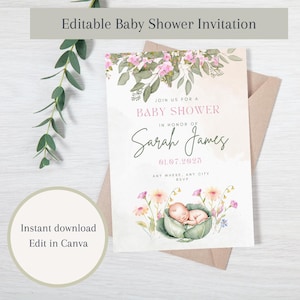 Puede incluir: Una invitación para baby shower con elementos florales y de acuarela. La invitación presenta el texto "Únase a nosotros para un baby shower en honor a Sarah James" y la fecha 01.07.2025. La invitación también incluye el texto "Invitación de baby shower editable" y "Descarga instantánea Editar en Canva".