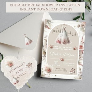 Bridal Shower Invitation- Miss to Mrs - Editable - Elegant Dress & Heels Design - Printable Template for Bride-to-Be Party