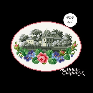 May include: Cross-stitch pattern of a landscape scene with buildings, trees, and flowers. The design is framed in an oval shape with a pink border. The image includes the text "PDF xsd" and a signature in cursive.