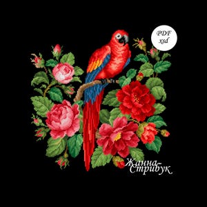 May include: A cross-stitch design featuring a vibrant red parrot perched on a branch, surrounded by lush red and pink roses and green foliage against a black background. The design includes the text "PDF xsd" in a white circle.