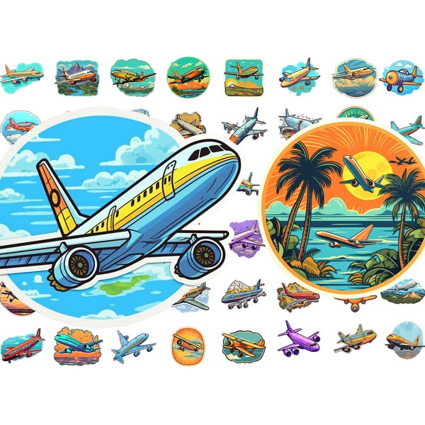 Airplane Travel Stickers, 56 Stickers, for download, die cut, downloadable sticker PNG, sticker pack, sticker sheet.