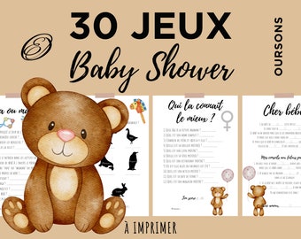 30 jeux Baby Shower Oursons et jeux d'enfant - en français à imprimer, pour animer fête prénatale bébé - téléchargement instantané