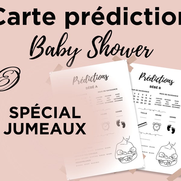 Carte prédiction Baby Shower et Gender Reveal spécial jumeaux jumelles, carte pronostics bébé français à imprimer, téléchargement immédiat