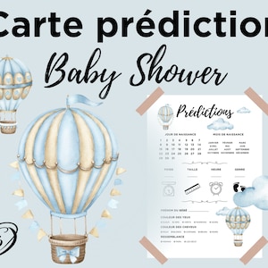 Baby Shower and Gender Reveal blue hot air balloon prediction card, baby forecast card in French to print, instant download