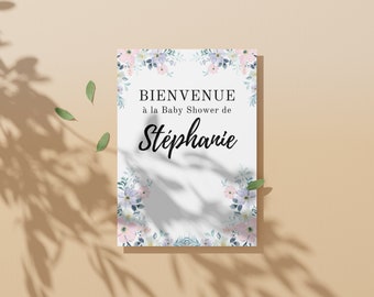 Panneau bienvenue Baby Shower et Gender Reveal personnalisé fleurs pastel, PDF pour A3 et A4 en français à imprimer et télécharger immédiat 