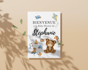 Panneau bienvenue Baby Shower et Gender Reveal personnalisé oursons, PDF pour A3 et A4 en français à imprimer, téléchargement immédiat 